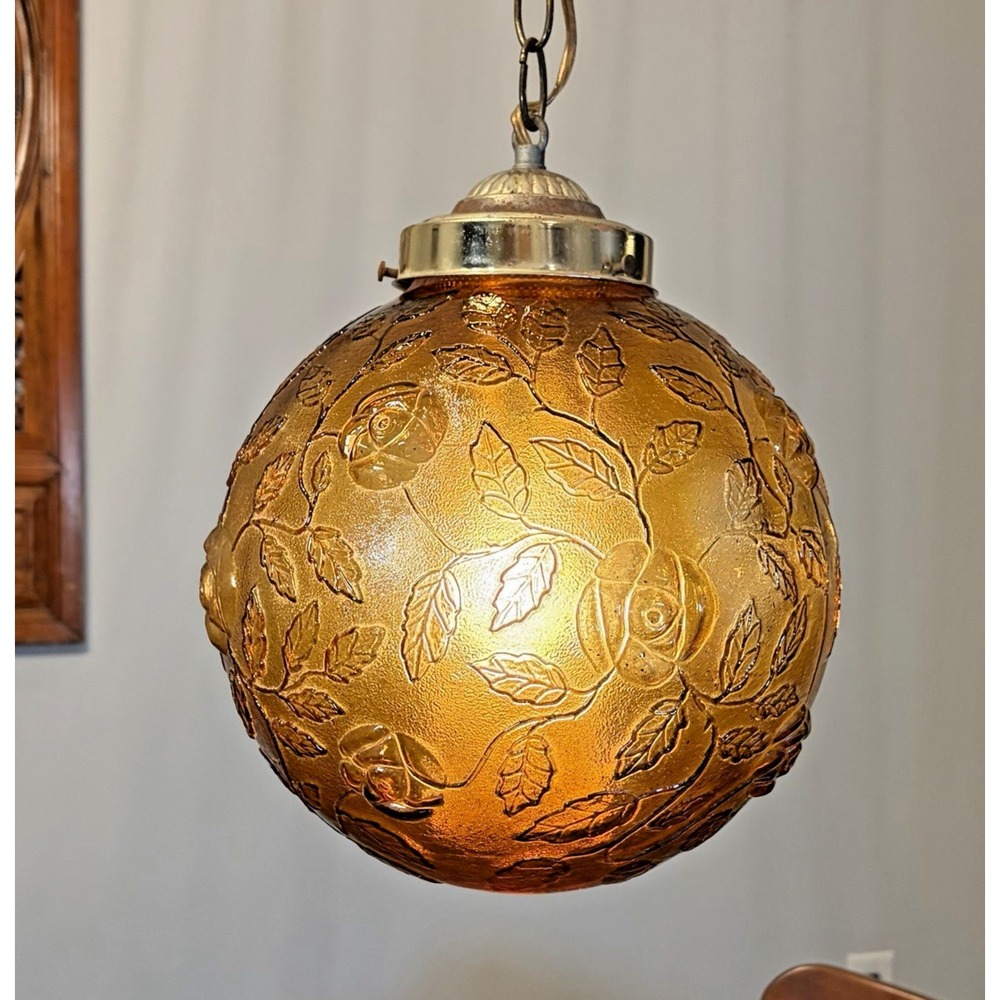 Vintage Amber Glass Swag Lamp Floral Hanging Light MCM 1970s Globe Tested Works